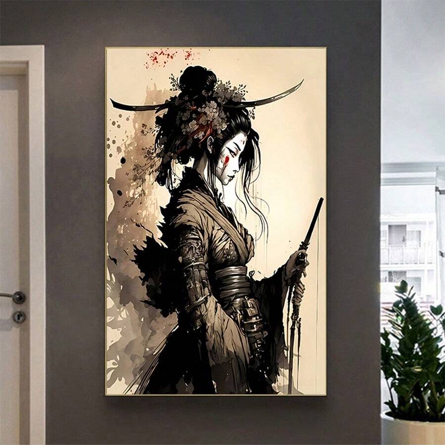 1入pc卧室墻面藝術畫布裝飾,日本女武士房間,辦公室,走廊現代藝術畫布畫,客廳臥室裝飾版畫牆藝術圖片 - 彩色 - 查看 1