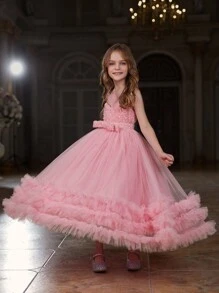 1pc Tween Girls Sleeveless Sparkle Mesh Contrast Layered Dress With Sheer Hem - Pink - View 2