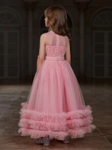 1pc Tween Girls Sleeveless Sparkle Mesh Contrast Layered Dress With Sheer Hem - Pink - View 4