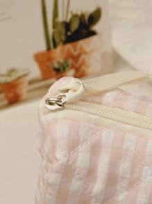 1 件粉色格子便携式手提包化妆包，时尚休闲时尚便携式化妆包，多功能，大容量大储物袋，可装钱包、口红、卫生巾、袋垫、硬币、钥匙、耳机、空气盒、有线耳机、电缆、充电器、耳机、可爱洗漱用品收纳袋、旅行储物袋，适合女士、糖果、护士、女学生、Cottagecore、节日礼物。 - 粉色 - 查看 2