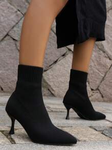 女款中筒靴,大尺碼高跟短靴,鞋面帶襪筒