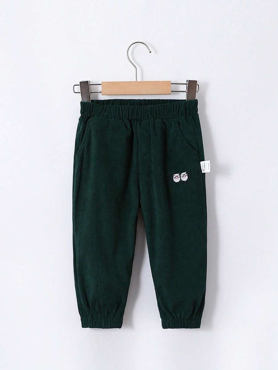 1件少年卡通刺繡長褲萊條休閒褲,春秋季節穿著適合 - 綠色 - 查看 1