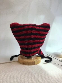 女士双色针织可爱猫耳帽，条纹设计，钩针保暖冬帽，时尚，适合小脸，非常适合学生、秋冬和户外活动 - 紅色 - 查看 6