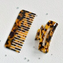 2pcs/set Women's Dark Tortoise Shell Acetic Acid Hair Comb & Rectangular Claw Hair Clip - Multicolor - View 1
