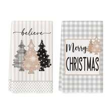 2 件裝聖誕樹條紋水牛格子相信聖誕快樂廚房毛巾洗碗巾,18x26 吋冬季裝飾手巾 - 條紋水牛格子 - 查看 1