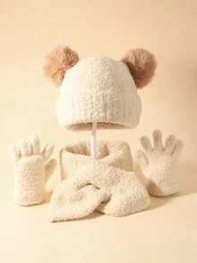 1套 米色pom Pom毛絨兒童帽子圍巾手套套裝 舒適兒童針織品套裝,跨境 兒童必備防寒配飾 保暖舒適兒童針織品套裝 流行保暖兒童冬季針織套裝 - 米色 - 查看 4