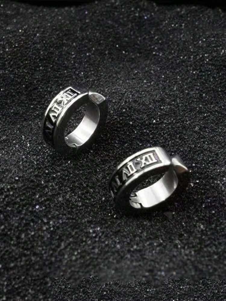 1 Pair Minimalist Vintage Titanium Steel Roman Numeral Clip-On Earrings, Suitable For Men Without Pierced Ears For Daily Wear