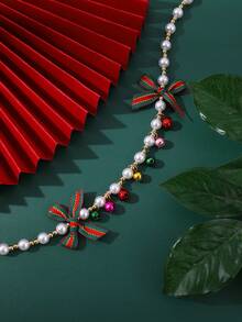 1pc Random Color Christmas Bell & Pearl Decor Bowknot Pet Necklace Accessory - Multicolor - View 6