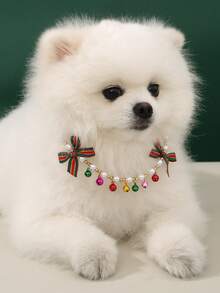 1pc Random Color Christmas Bell & Pearl Decor Bowknot Pet Necklace Accessory - Multicolor - View 3