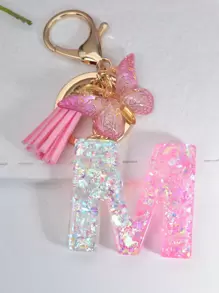 Boho 1pc Pink Glitter Alphabet Letter Keychain - Pink - View 1