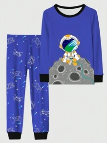Conjunto De Pijama De 2 Piezas Para Adolescentes Con Estampado De Astronauta Y Luna, Con Ajuste Cómodo - Multicolor - Ver 1