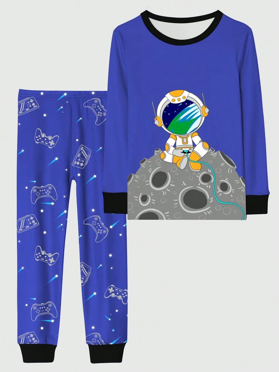 Conjunto De Pijama De 2 Piezas Para Adolescentes Con Estampado De Astronauta Y Luna, Con Ajuste Cómodo - Multicolor - Ver 1