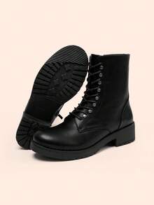 Women's Combat Boots Side Zipper Studded Booties Lace Up Ankle Boots - 黑色 - 查看 2