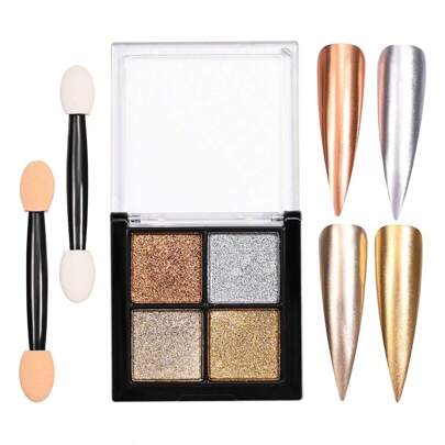 固体镀铬颜料魔镜效果美甲粉饼 4 色金属镜面效果香槟色镀铬美甲粉颜料闪粉（09 4 色）DIY 指甲饰品指甲宝石指甲用品