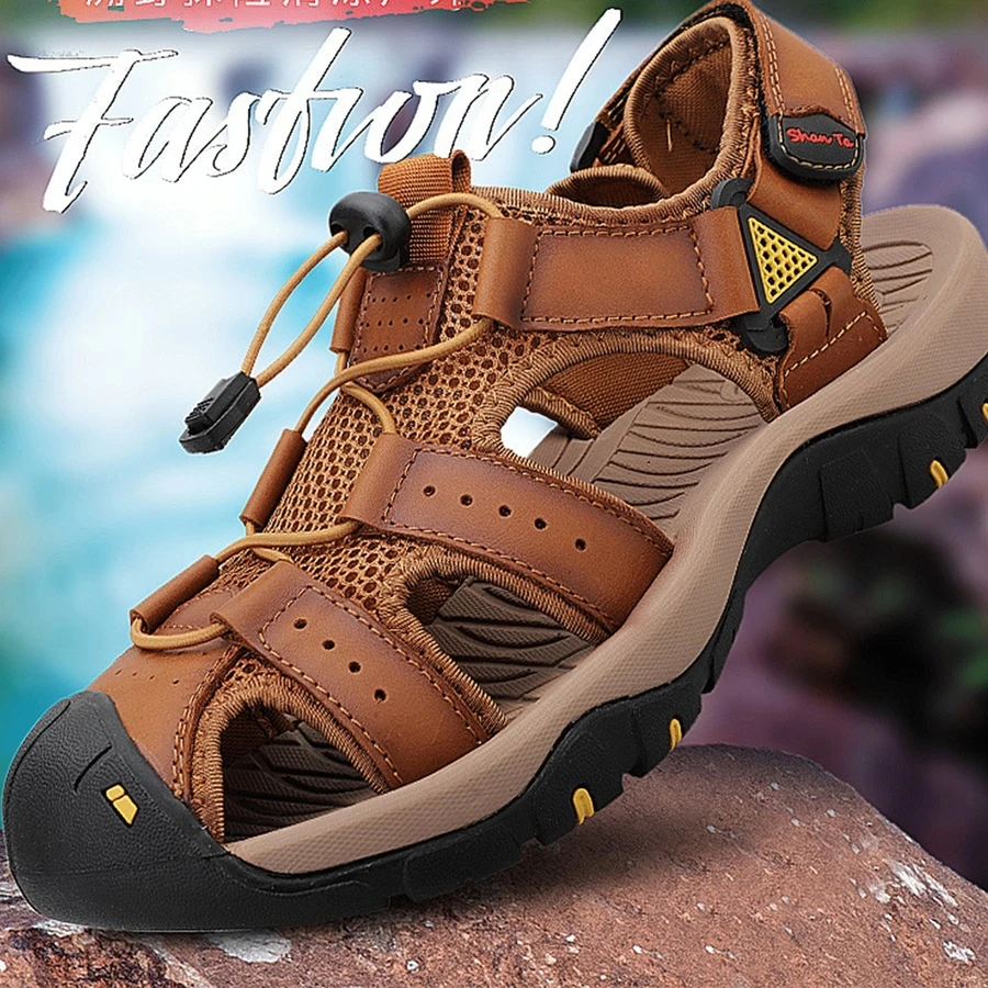 Men's Waterproof Hiking Sandals, Closed Toe Athletic Sport Sandals, Non Slip Height Increasing Summer Sandals For Water Beach Outdoor - 咖啡棕 - 查看 1