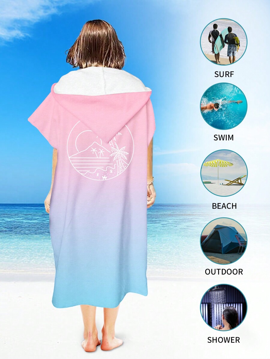 1pc Gradient Pink Hooded Cape Bath Towel, Unisex Simple Style Wearable