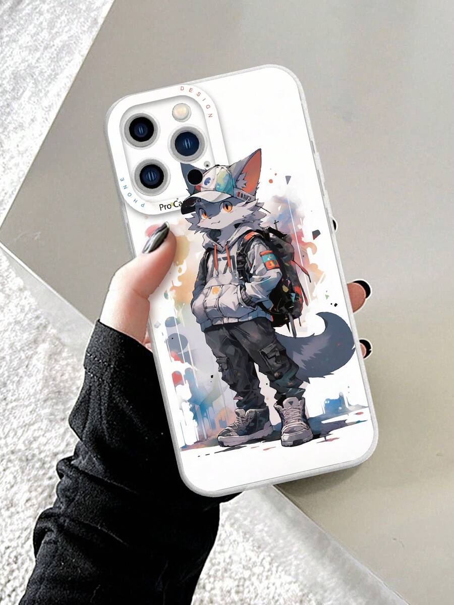 1入組可愛的卡通狼插圖白色TPU手機殼，適用於iPhone和三星手機 - 彩色 - 查看 1