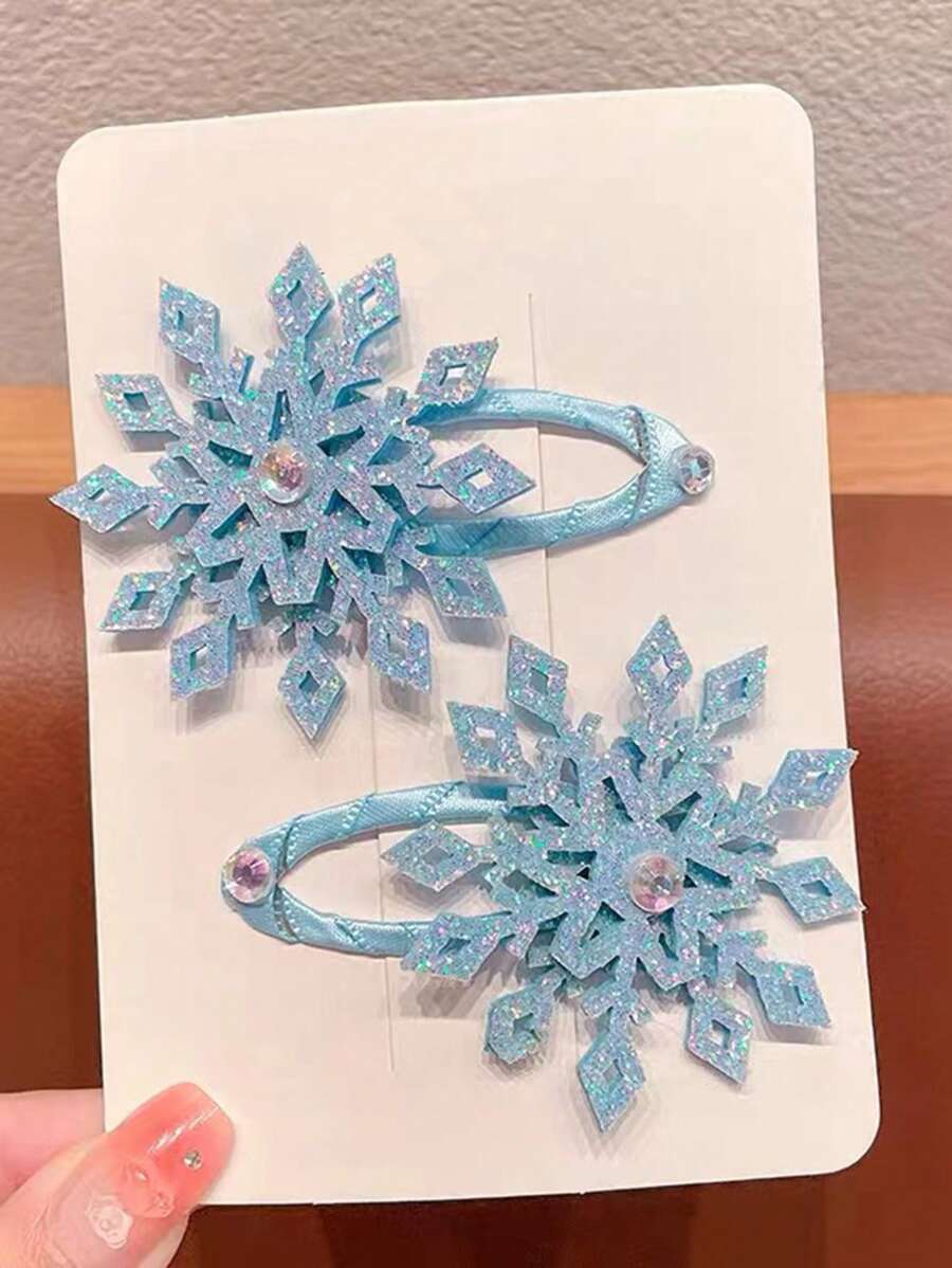 2个/套 女孩雪花发夹，新款圣诞闪亮雪花发夹，可爱公主侧夹 - 淺藍色 - 查看 1