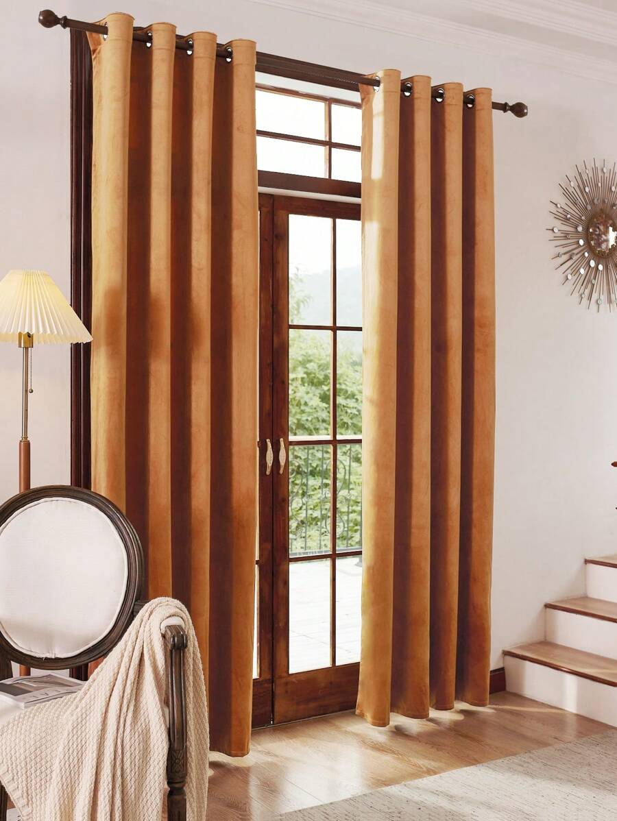 1pc Orange Velvet Curtain, Suitable For Home Living Room Bedroom Decoration - Orange - View 1