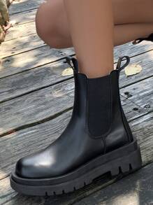 女性時尚英式中筒加厚底切爾西靴,適用於秋季 - 黑色 - 查看 7