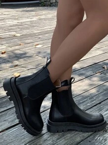 女性時尚英式中筒加厚底切爾西靴,適用於秋季 - 黑色 - 查看 5