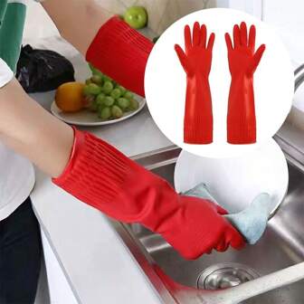 1 Pair Heavy Duty Rubber Gloves With Extra Long Cuffs Safety Gauntlet Car Washing Gloves Suitable For Dish Washing Household Cleaning Gardening,Kitchen,Bathroom,Home,Household Suppliers