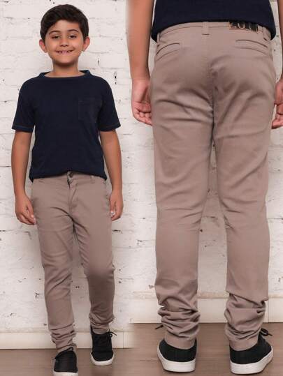 Calça Juvenil Menino Sarja Bolso Faca com Ajuste na Cintura Algodão e Elastano Chique Confortável