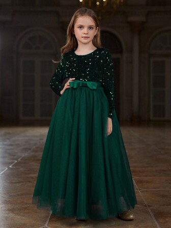 1 st. Tween Flicka Lång Ärm Skinande Paljetter Topp Med Nät Kjolar 
Botten Klänningar