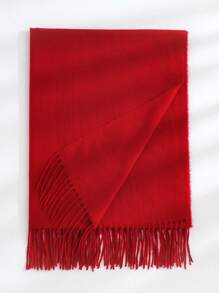 1條女式純紅色流蘇假山羊絨保暖多功能加大尺寸圍巾披肩,適用於日常使用 - 紅色 - 查看 3