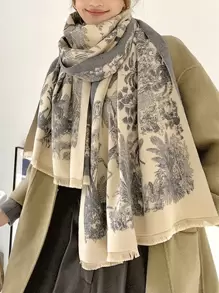 FADZOYLE Boho款 1入組淺灰駱駝毛女士長款披肩圍巾，印花圖案保暖羊毛時尚圍巾，適用於秋冬日常晚宴禮服及送禮之用 - 淺灰色 - 查看 3