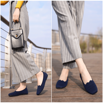 Kelway女士芭蕾舞扁平鞋,輕便彈性編織網材鞋面,方頭平底鞋,深藍色