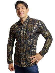 Camisa Buchona Manga Larga Foil y Folk Estampada Slim Fit Hombre Casual
