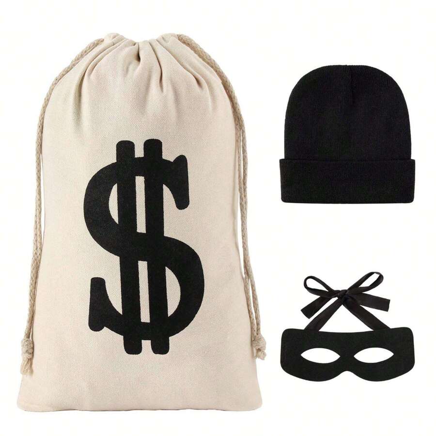 3pcs/Set Robber Costume Set, Include Canvas Dollar Sign Money Bags  Eye Mask Knit Beanie Cap for Halloween Cosplay Burglar Theme Party - Multicolor - View 1