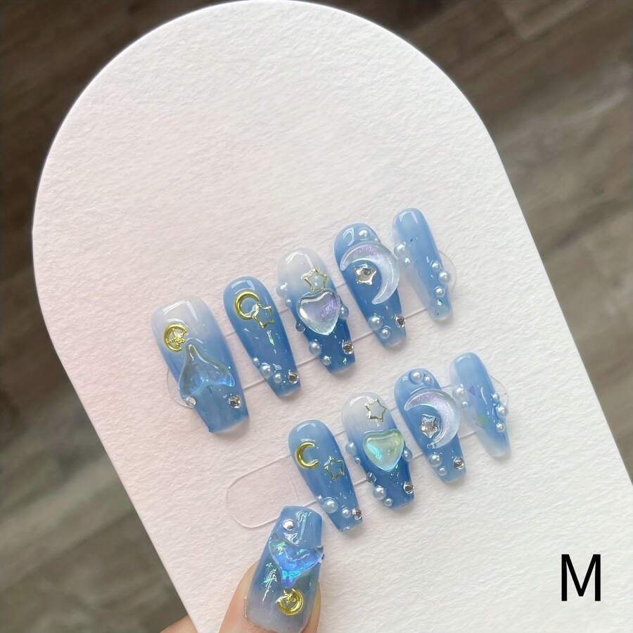 10pcs Artistic Ice Blue 3d Heart, Ocean, Moon & Mermaid Nail Art Set In M Size, Suitable For Party, Dance, Daily Wear - Blue - View 1