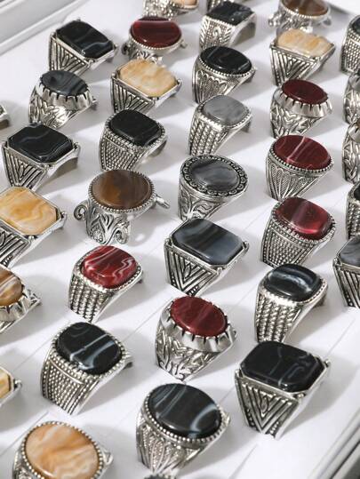 混合時尚(顏色風格隨機)幾何橢圓形方形圓形圖案環首飾類適合男人及女人情侶週年禮物日常穿著