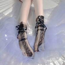 1 đôi Của Đen Ren Vớ , Trong suốt Lưới Dây đai , Pha lê Vớ , Nơ bướm Trong suốt Vớ - màu đen - Xem 1