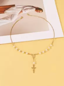 1 Pieza Collar De Perlas En Forma De Cruz Adecuado Para Uso Diario - Dorado - Ver 1