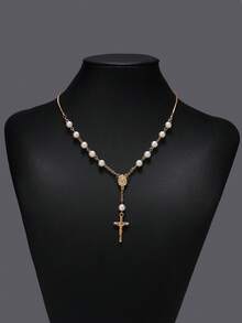 1 Pieza Collar De Perlas En Forma De Cruz Adecuado Para Uso Diario - Dorado - Ver 2