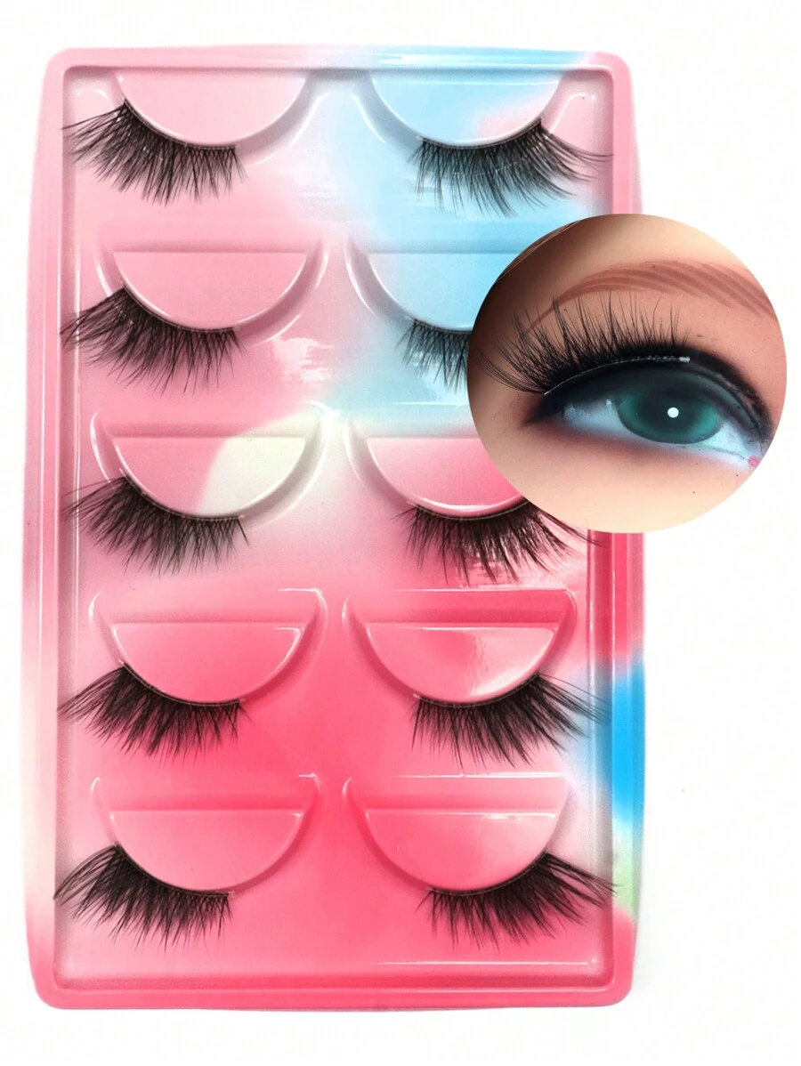 5 對自然蓬鬆細長假睫毛,10 毫米,適合日常貓眼效果 - 黑色 - 查看 1