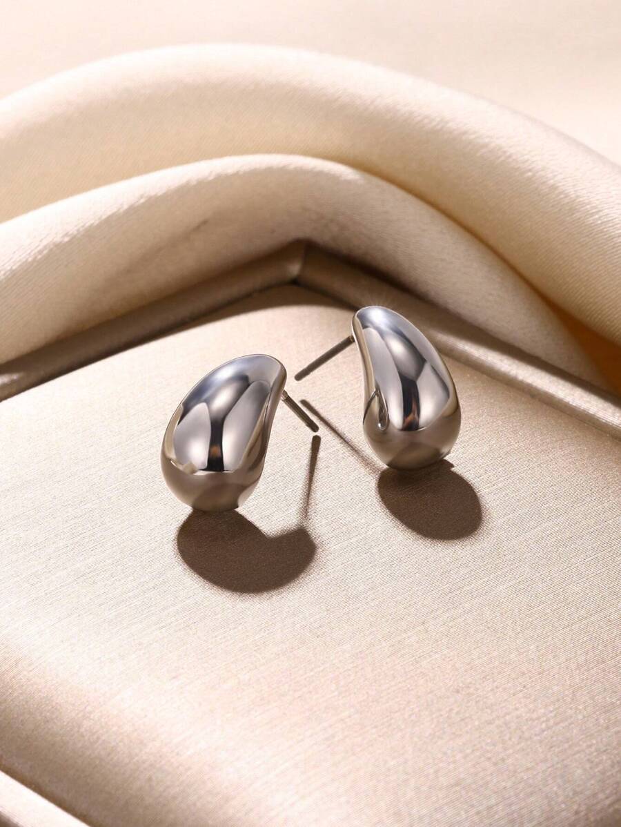 1pair Smooth Teardrop Stud Earrings For Women, Simple Style - Silver - View 1