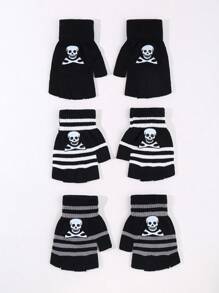 6對女士條紋骷髏印花黑色無指手套,半指針織手套,冬季彈性手套萬聖節 - 黑色 - 查看 1