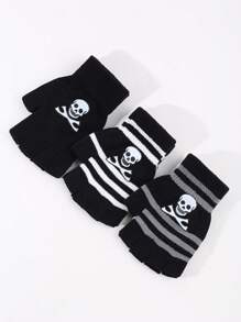 6對女士條紋骷髏印花黑色無指手套,半指針織手套,冬季彈性手套萬聖節 - 黑色 - 查看 4