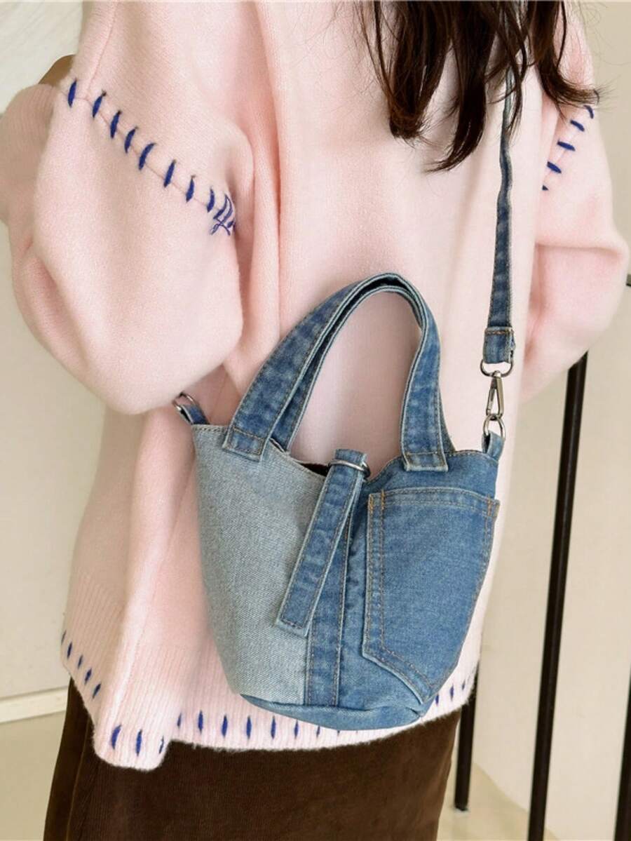 女秋冬休閒牛仔小包時尚手提包斜挎包水洗牛仔拼接包 - 淺藍色 - 查看 1