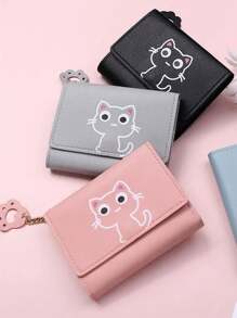 可爱猫咪图案短款钱包，手拿三折零钱包，轻便钱包时尚卡通猫咪图案钱包，便携式小型三折卡包带猫爪装饰 - 粉色 - 查看 1
