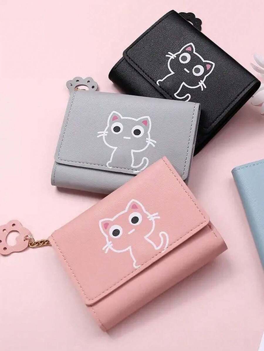 可爱猫咪图案短款钱包，手拿三折零钱包，轻便钱包时尚卡通猫咪图案钱包，便携式小型三折卡包带猫爪装饰 - 粉色 - 查看 1