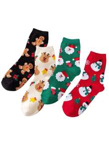 4pairs Christmas Themed Mid-calf Socks With Reindeer & Santa Claus, Fall And Winter - Multicolor - View 1