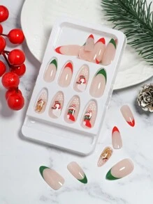 VV MEI JIA ER 24入組聖誕貼片假指甲短方形紅色法式尖頭透明壓克力指甲可愛的麋鹿雪花全套聖誕帽子偽指甲設計壓克力指甲冬季聖誕指甲藝術裝飾，適用於女性女孩＆1張膠帶和1個指甲文件指甲用品 - 彩色 - 查看 3