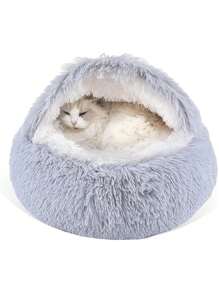 1入組毛絨半封閉式寵物床,加厚保暖,適用於小型及中型貓狗冬眠