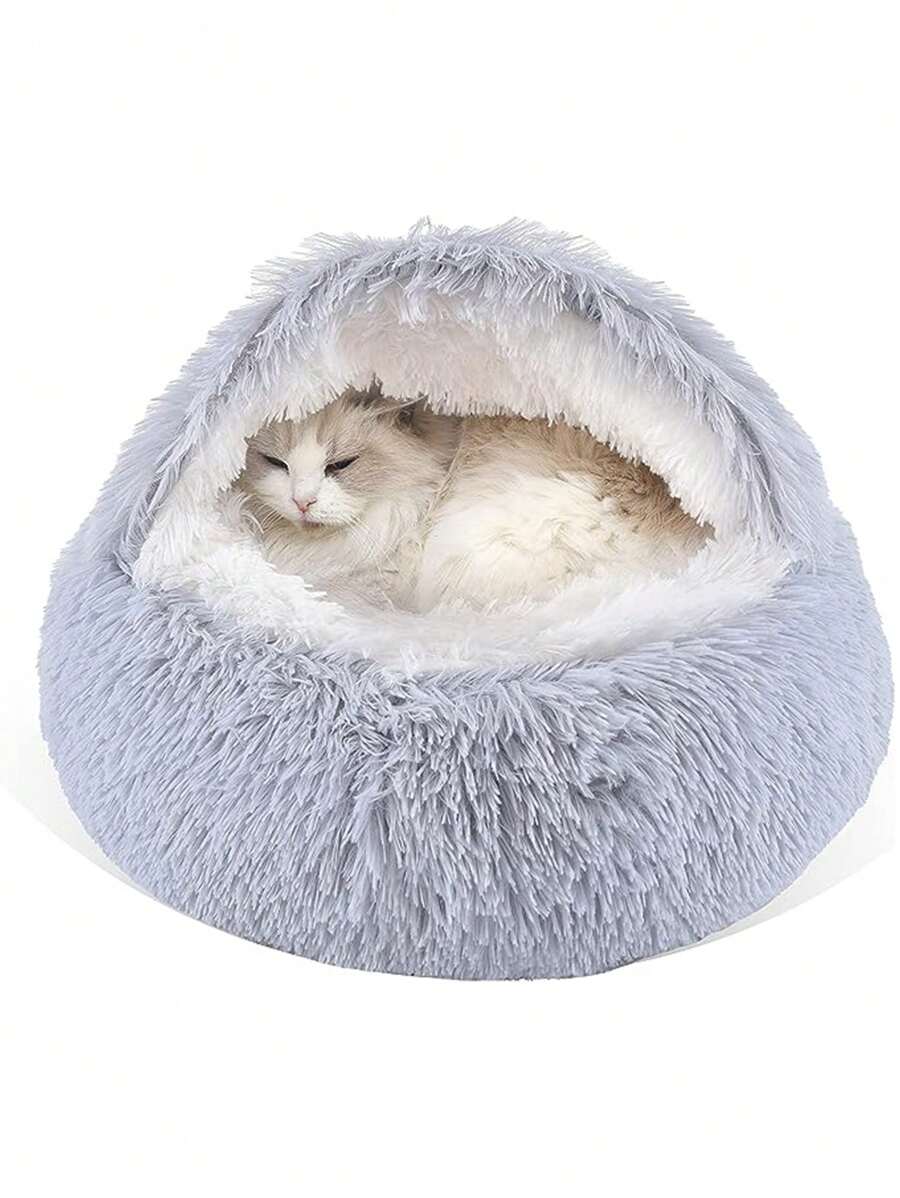 1入組毛絨半封閉式寵物床,加厚保暖,適用於小型及中型貓狗冬眠