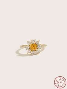 Cici Color 1 件 14k 鍍金 S925 銀鑲橙色枕形休閒可愛情侶禮物豪華心形向日葵戒指,適合女士日常生活、約會、旅行、結婚佩戴,帶禮盒 - 金黃色 - 查看 6